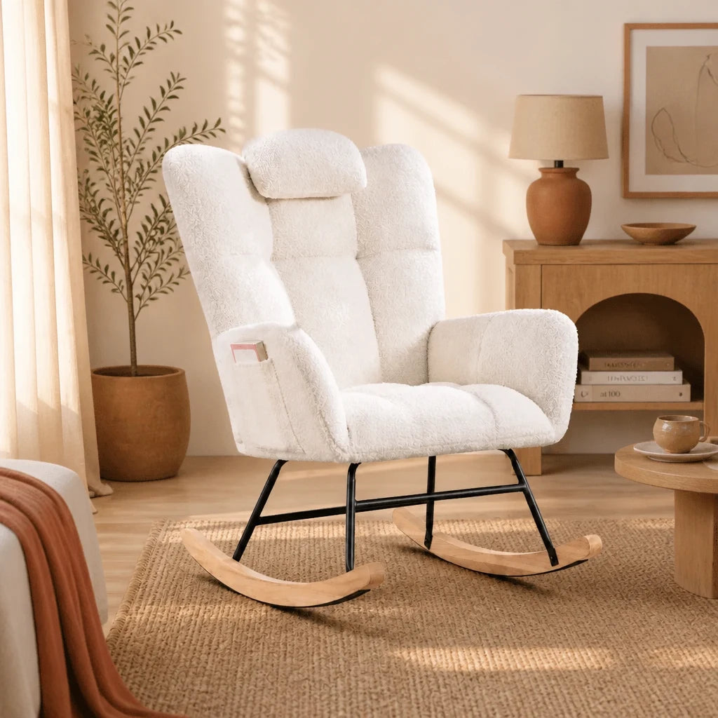 Cocon · Fauteuil à bascule wingback velours teddy, appui-tête réglable