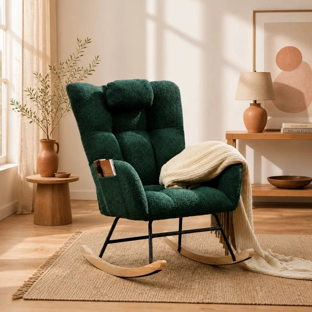 Cocon · Fauteuil à bascule wingback velours teddy, appui-tête réglable