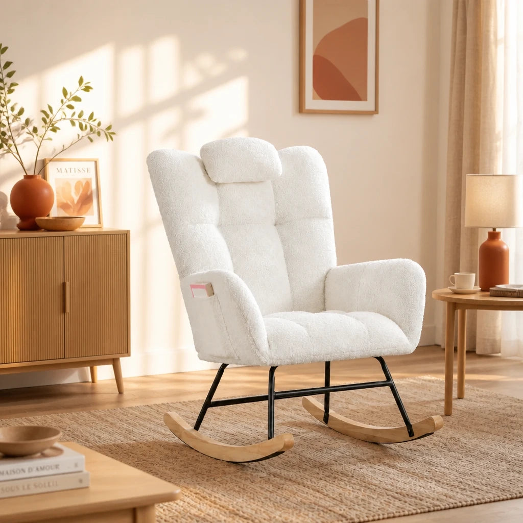 Cocon · Fauteuil à bascule wingback velours teddy, appui-tête réglable