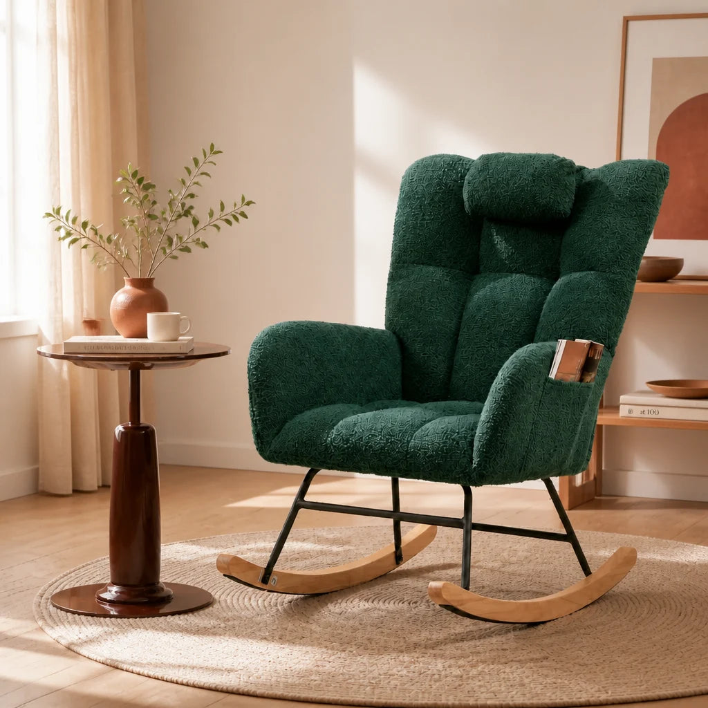 Cocon · Fauteuil à bascule wingback velours teddy, appui-tête réglable