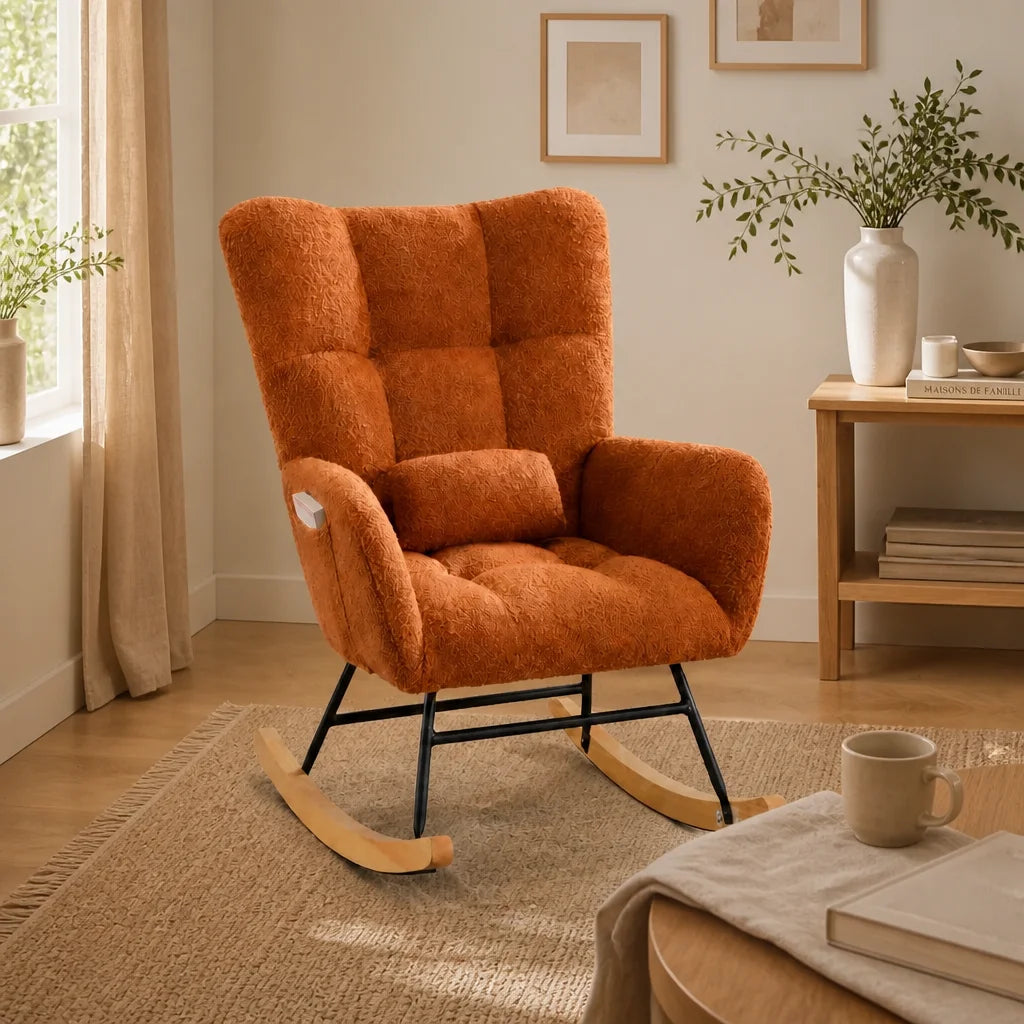 Cocon · Fauteuil à bascule wingback velours teddy, appui-tête réglable