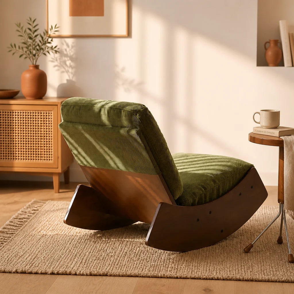 Ambre · Fauteuil à bascule rétro velours côtelé, bois massif