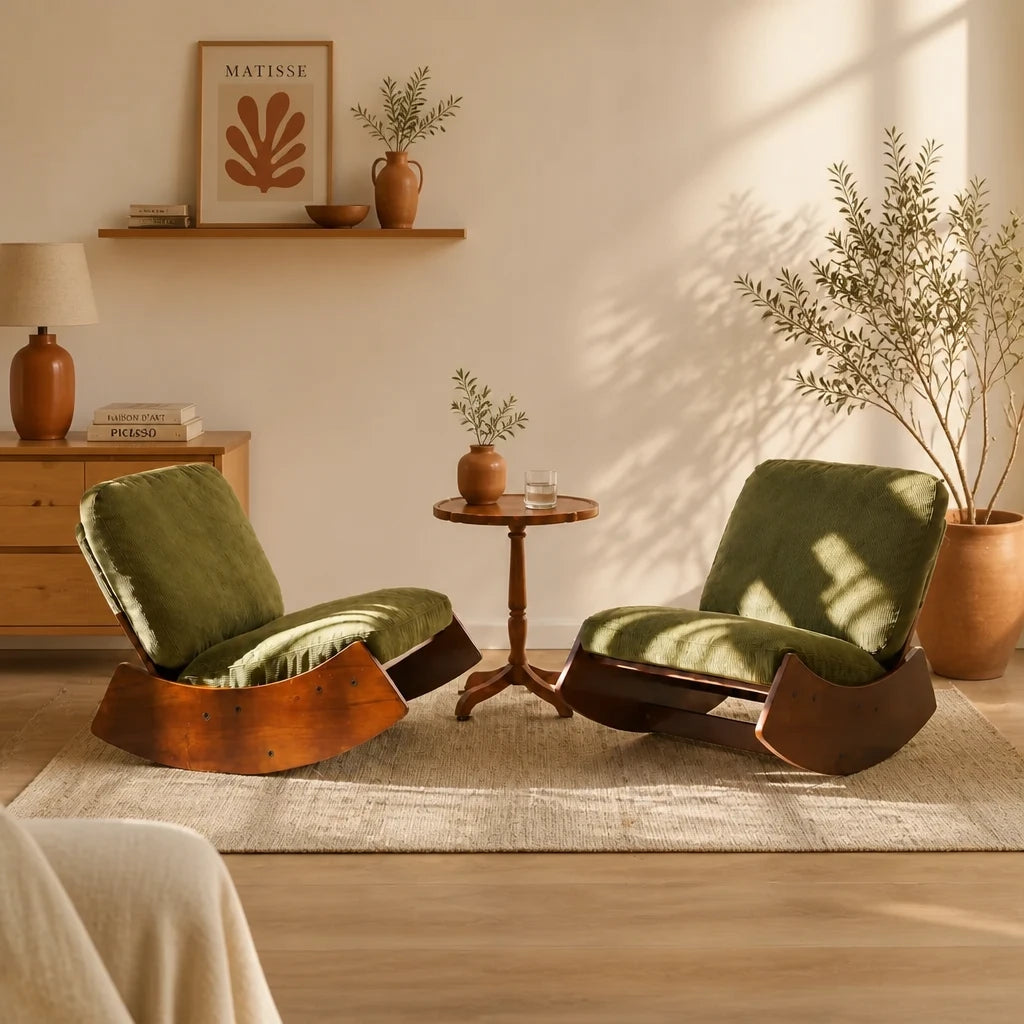 Ambre · Fauteuil à bascule rétro velours côtelé, bois massif