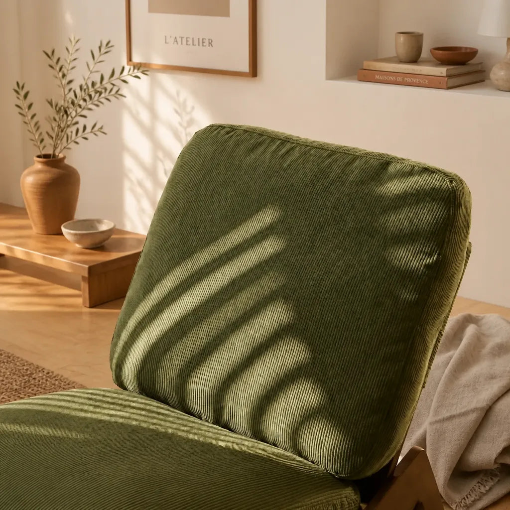 Ambre · Fauteuil à bascule rétro velours côtelé, bois massif