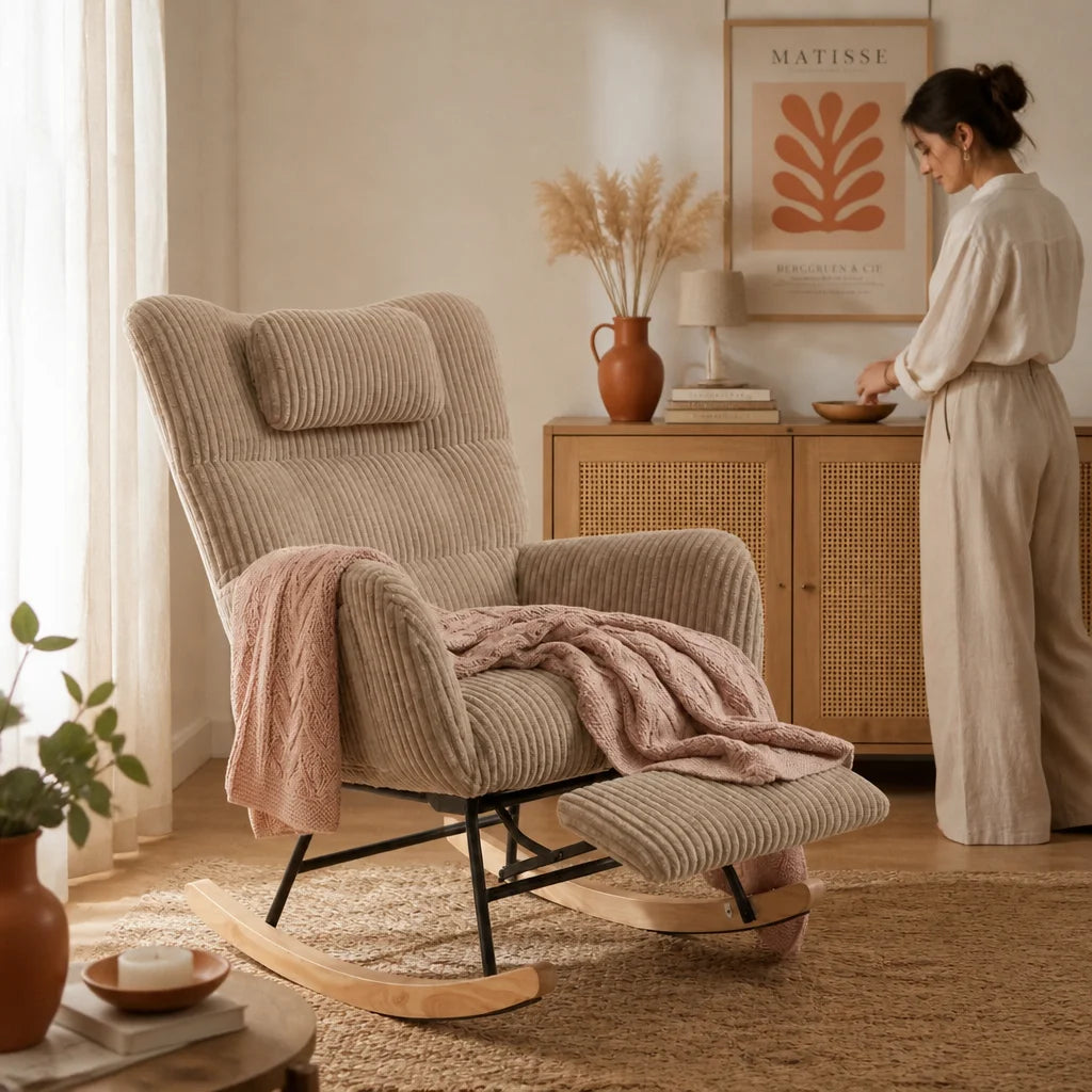 Berceuse · Fauteuil à bascule d'allaitement velours côtelé, repose-pieds