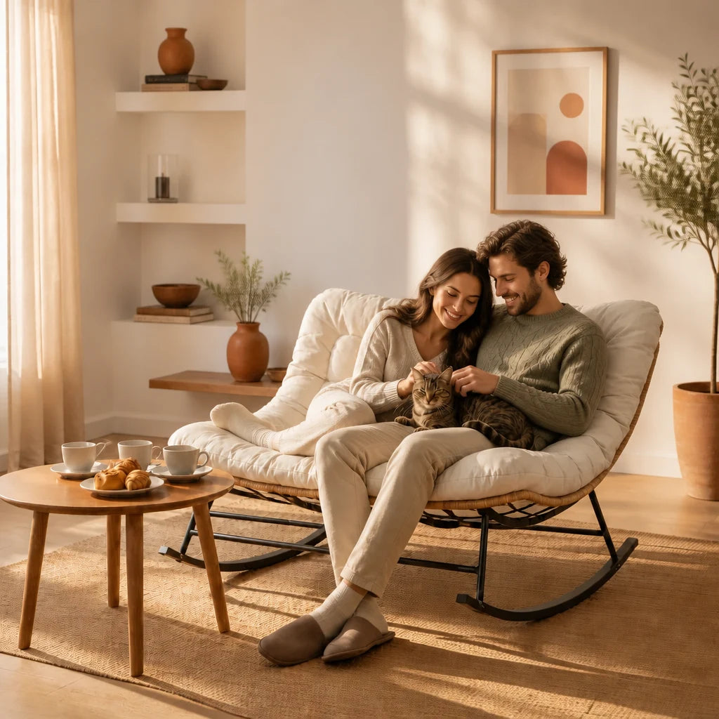 Tandem · Fauteuil à bascule 2 places rotin, coussin XXL