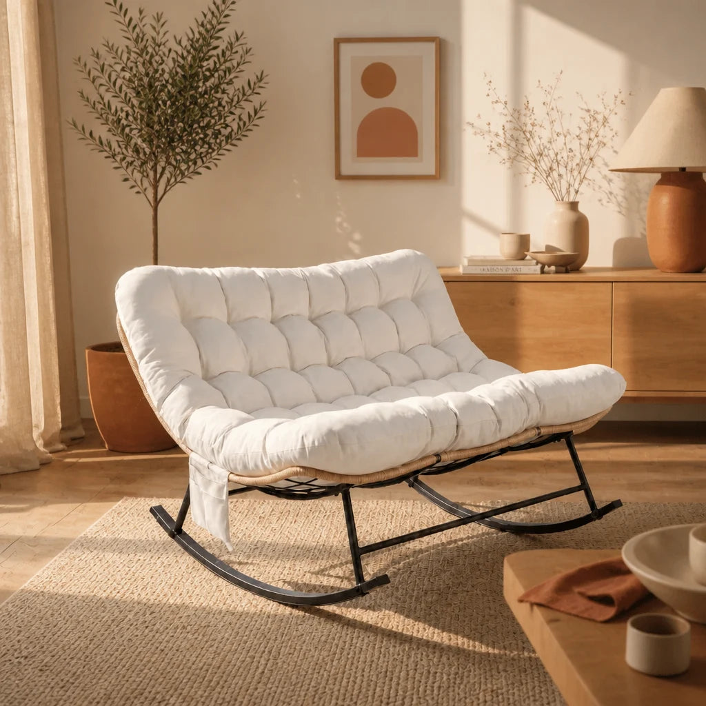 Tandem · Fauteuil à bascule 2 places rotin, coussin XXL