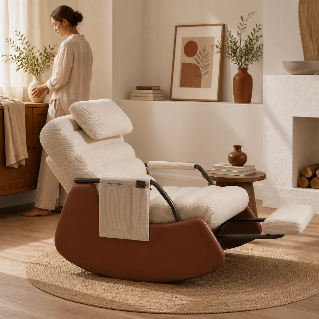 Rêverie · Fauteuil à bascule design velours côtelé et bois massif