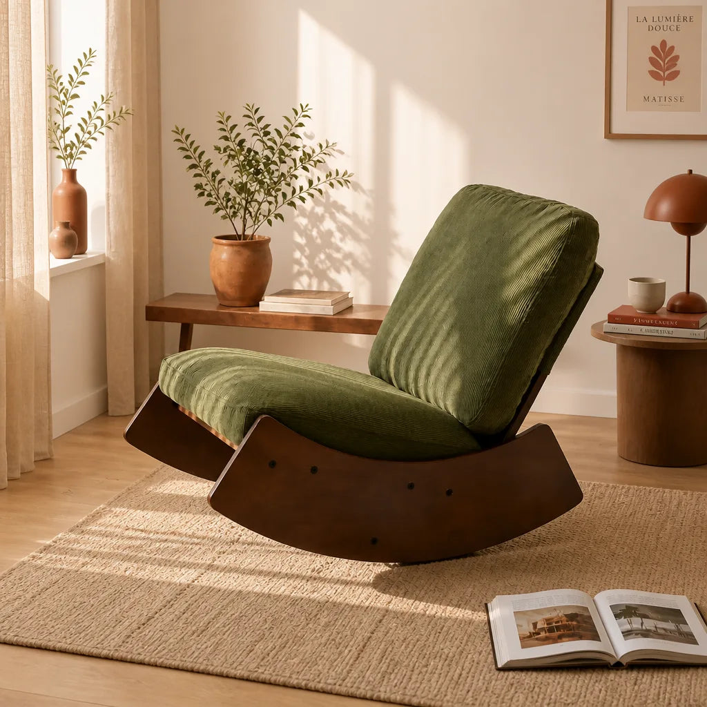 Ambre · Fauteuil à bascule rétro velours côtelé, bois massif