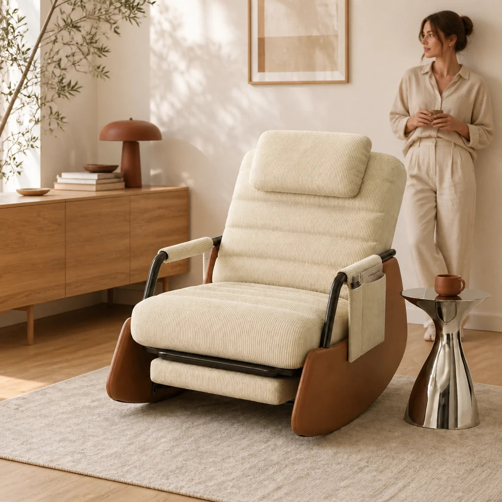 Rêverie · Fauteuil à bascule design velours côtelé et bois massif