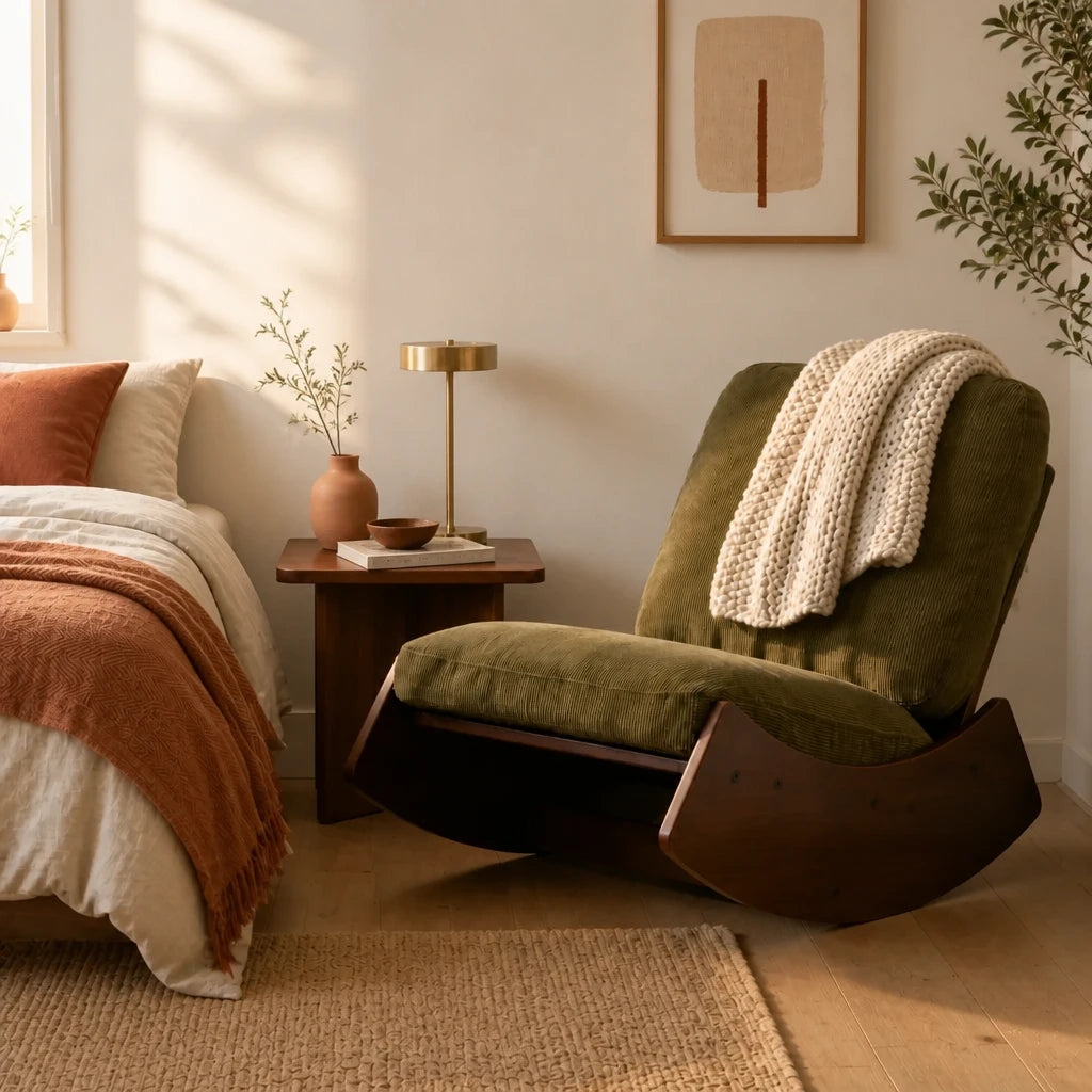Ambre · Fauteuil à bascule rétro velours côtelé, bois massif