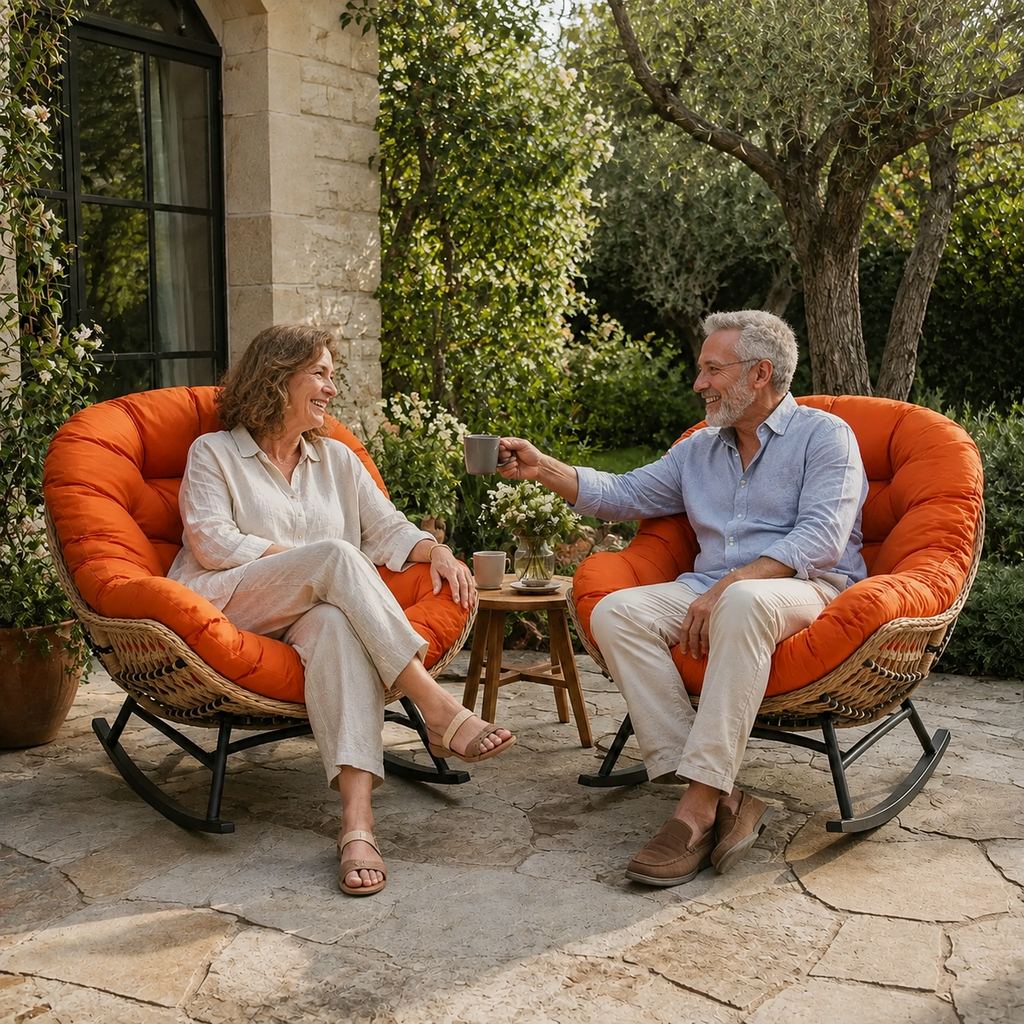 Zéphyr · Fauteuil à bascule papasan rotin, coussin épais