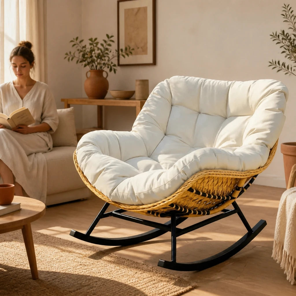 Zéphyr · Fauteuil à bascule papasan rotin, coussin épais