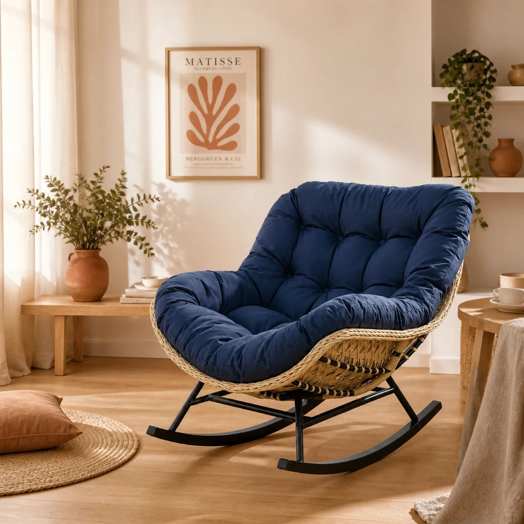 Zéphyr · Fauteuil à bascule papasan rotin, coussin épais