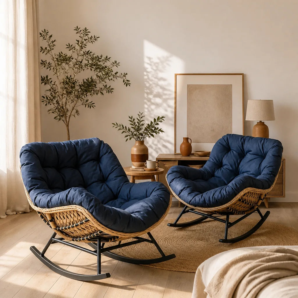 Zéphyr · Fauteuil à bascule papasan rotin, coussin épais
