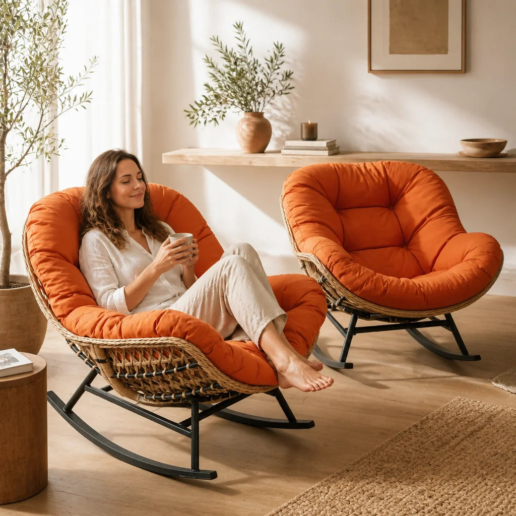 Zéphyr · Fauteuil à bascule papasan rotin, coussin épais